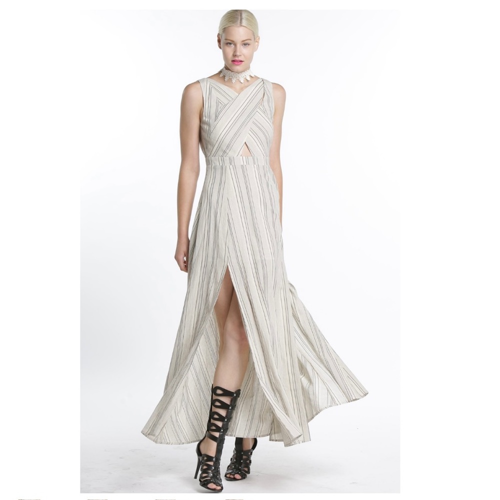 Line & Dot Criss Cross Stripes Slit Skirt Maxi Dress XS